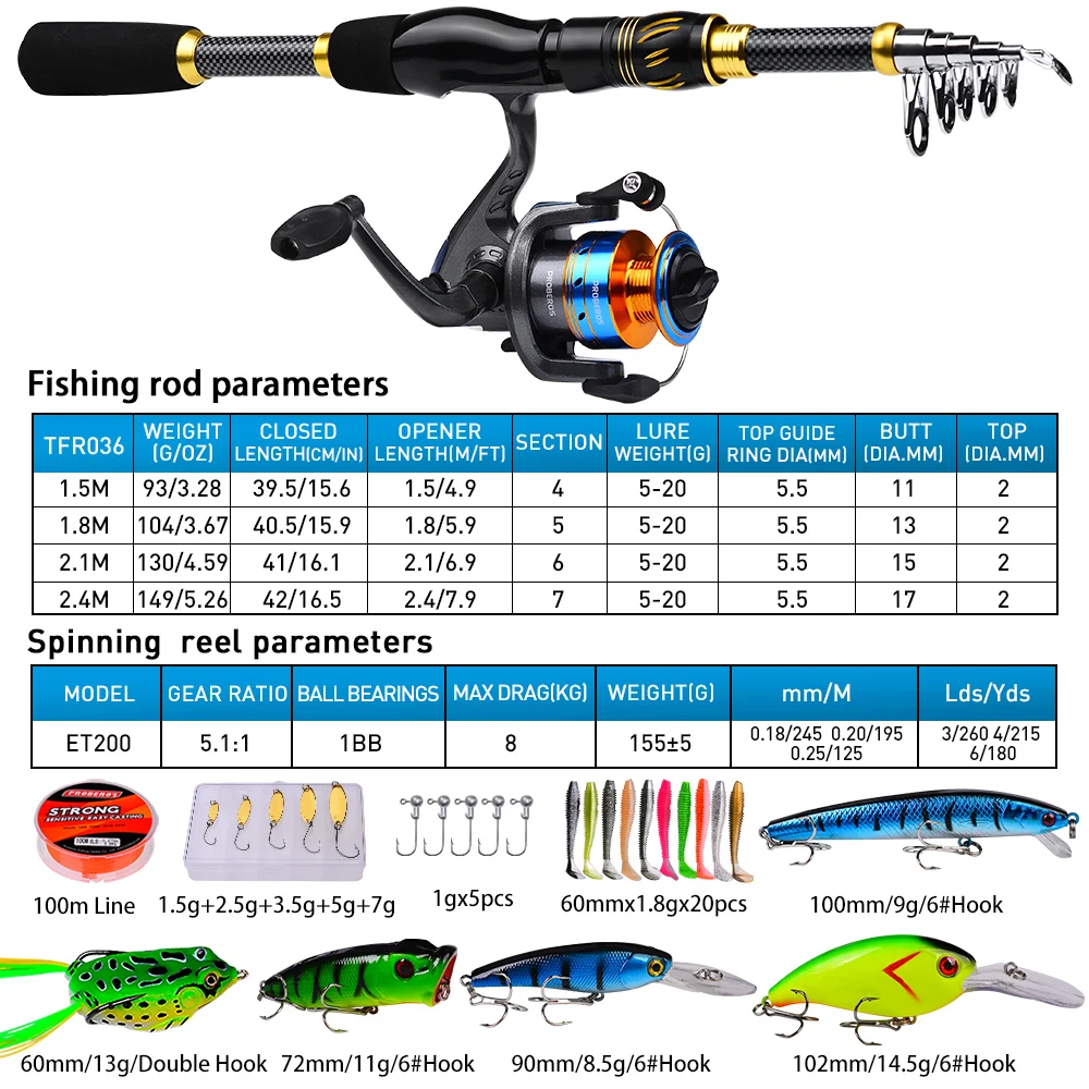PROBEROS 1.5m-2.4m Fishing Rod - Spincast Reel 评论和价格